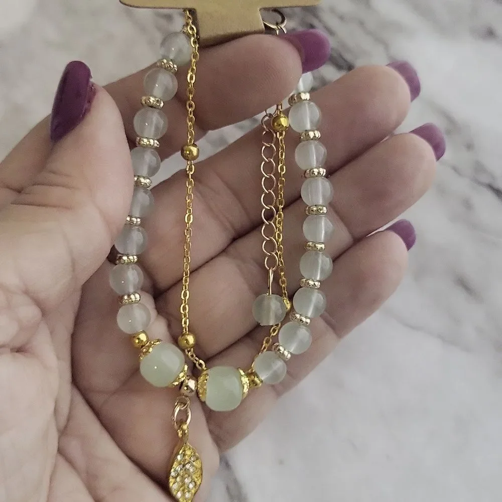 Double-Layer Green Jade Beaded Bracelet with Sparkling Golden Leaf Charm